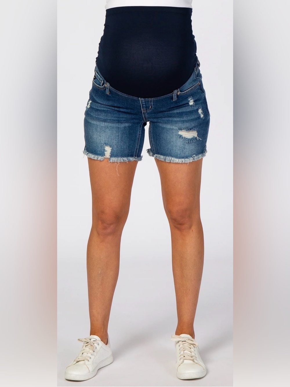 Blue Distressed Fringe Hem Maternity Jean Shorts From Pink Blush - Picture 2 of 8
